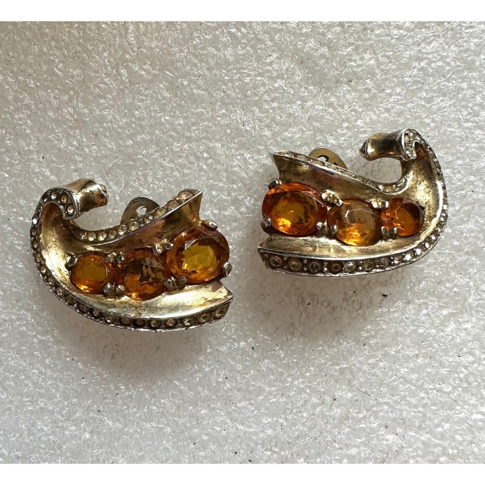 1940's Trifari Sterling Silver w/ Gold Wash & Citrine Rhinestones Earrings‎